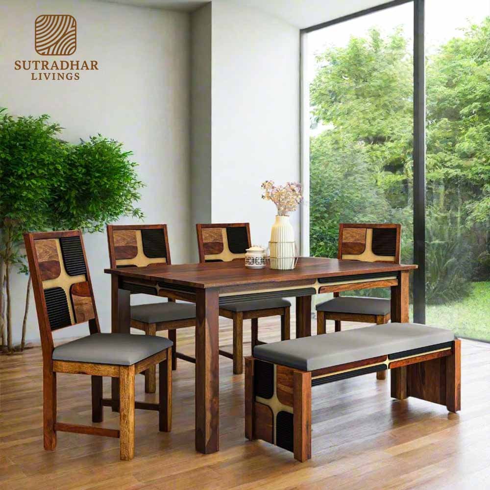 UrbanRustic Solid Sheesham Wood Dining Set – Teak/Walnut Finish - Image 2