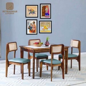 CaneCraft Solid Sheesham Wood Dining Set with Cushioned Cane Chairs
