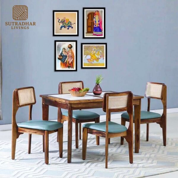 CaneCraft Solid Sheesham Wood Dining Set with Cushioned Cane Chairs