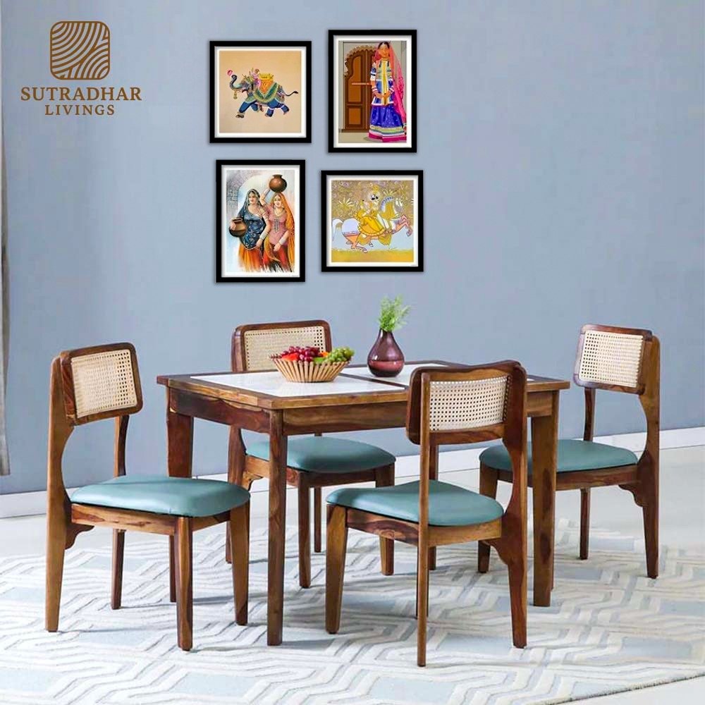 CaneCraft Solid Sheesham Wood Dining Set with Cushioned Cane Chairs