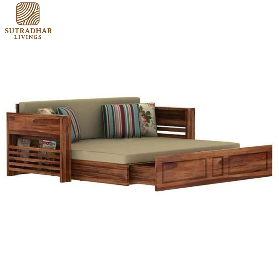 SleepNest Solid Sheesham Wood Sofa Cum Bed – Teak/Walnut Finish - Image 3
