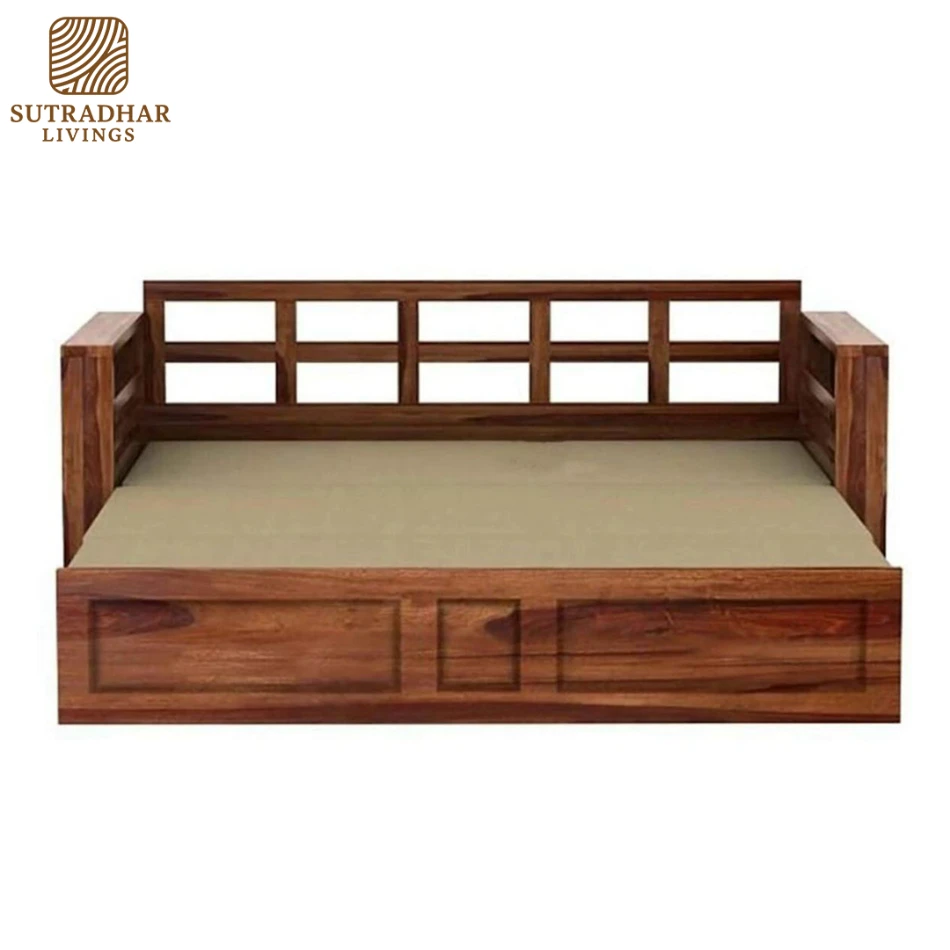 SleepNest Solid Sheesham Wood Sofa Cum Bed – Teak/Walnut Finish - Image 2