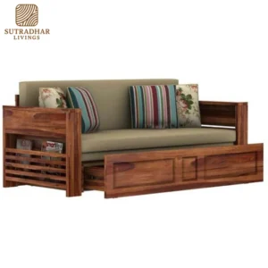 SleepNest Solid Sheesham Wood Sofa Cum Bed – Teak/Walnut Finish