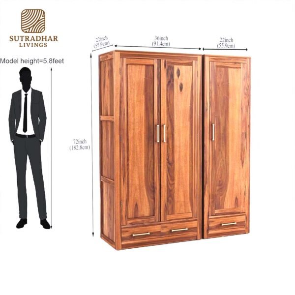 Heritage Solid Wood 3-Door Wardrobe with Antique Finish - Image 4