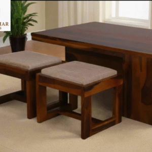 Solid Sheesham Wood Coffee Table Set with Nested Stools and Storage