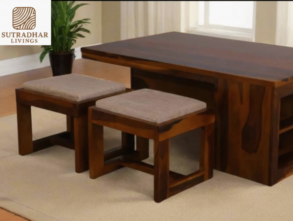 Solid Sheesham Wood Coffee Table Set with Nested Stools and Storage