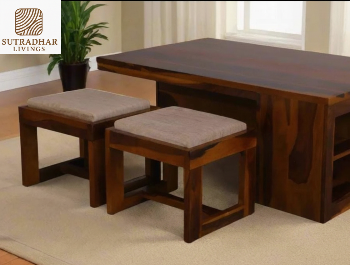 Solid Sheesham Wood Coffee Table Set with Nested Stools and Storage