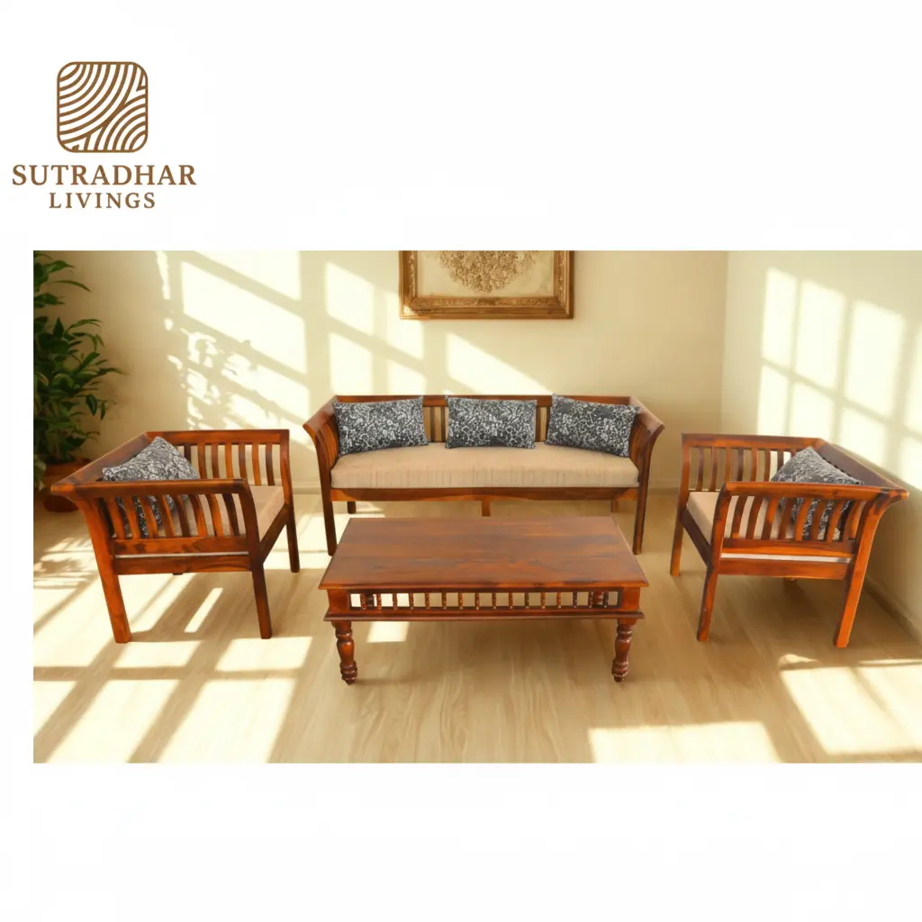 Classic Solid Sheesham Wood Sofa Set with Spindle Back and Cushions