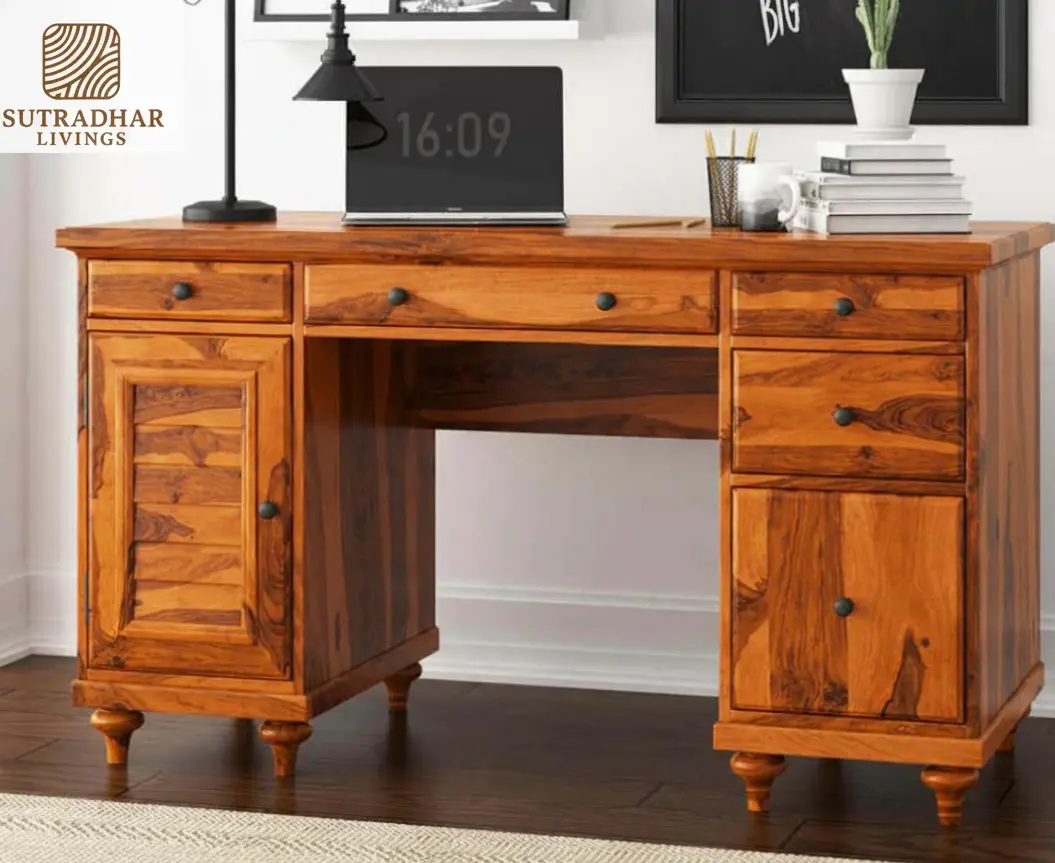 Solid Sheesham Wood Executive Office Desk with Storage Drawers – Handcrafted by Sutradhar Livings