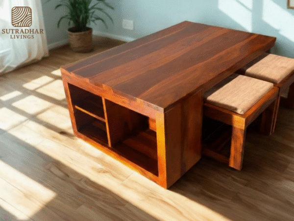 Solid Sheesham Wood Coffee Table Set with Nested Stools and Storage - Image 2