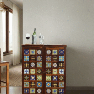 Solid Sheesham Wood Bar Cabinet with Fold-Out Doors, Wine Rack, and Glass Holders