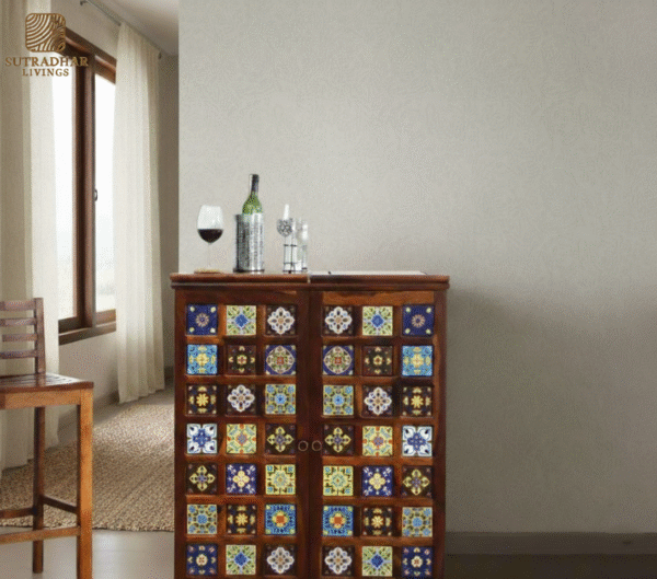 Solid Sheesham Wood Bar Cabinet with Fold-Out Doors, Wine Rack, and Glass Holders
