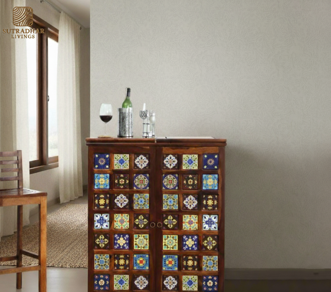 Solid Sheesham Wood Bar Cabinet with Fold-Out Doors, Wine Rack, and Glass Holders