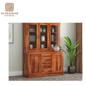 Solid Sheesham Wood Crockery Cabinet with Glass Doors and Storage Drawers