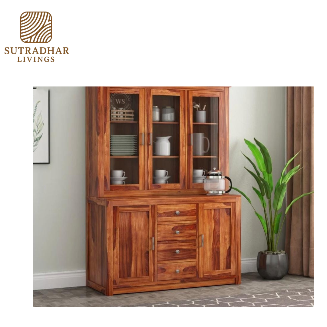 Solid Sheesham Wood Crockery Cabinet with Glass Doors and Storage Drawers