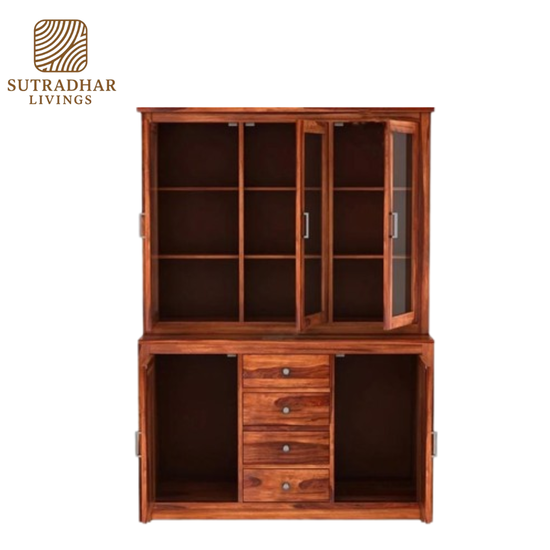 Solid Sheesham Wood Crockery Cabinet with Glass Doors and Storage Drawers - Image 5