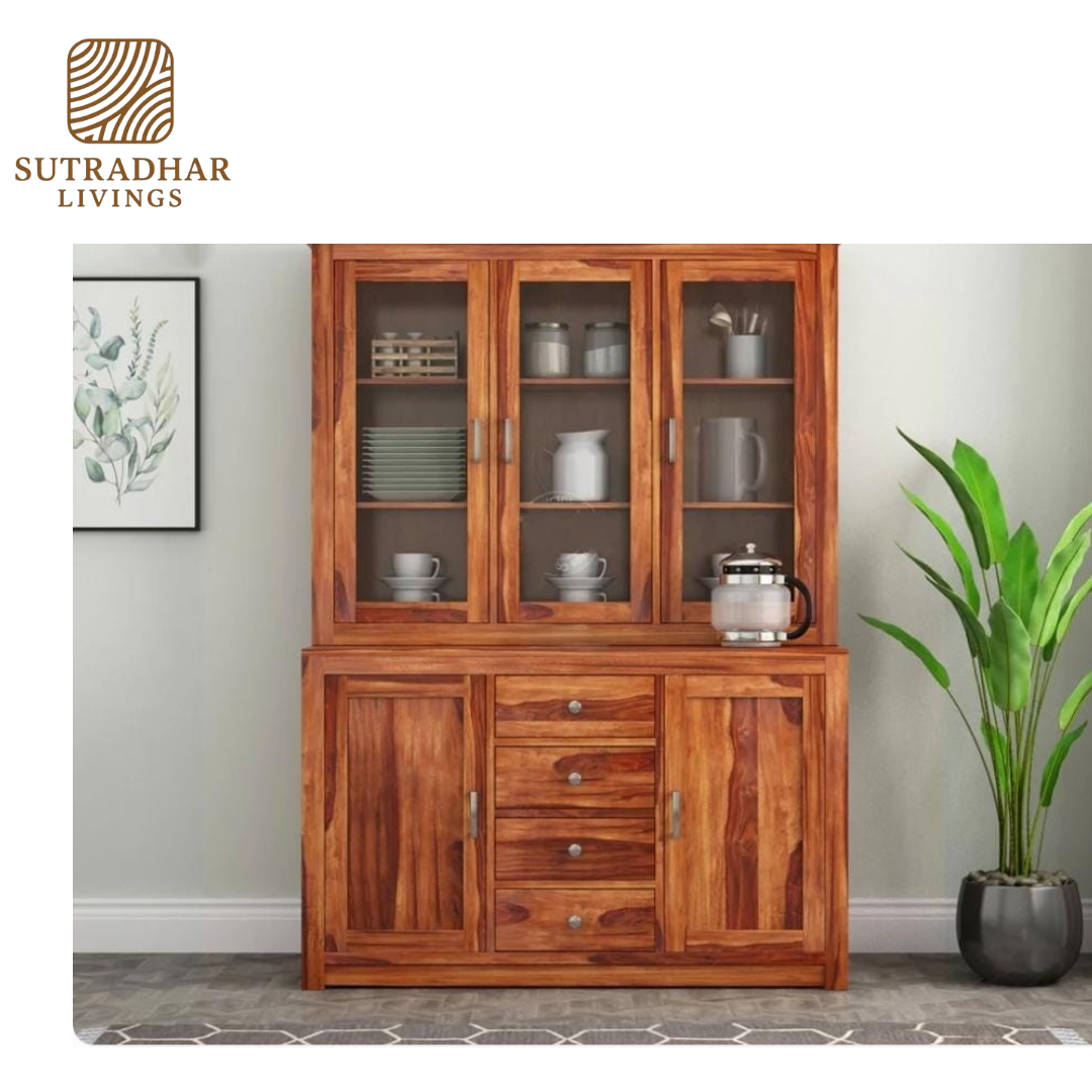 Solid Sheesham Wood Crockery Cabinet with Glass Doors and Storage Drawers - Image 2