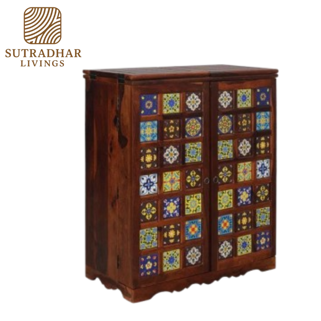 Solid Sheesham Wood Bar Cabinet with Fold-Out Doors, Wine Rack, and Glass Holders - Image 5