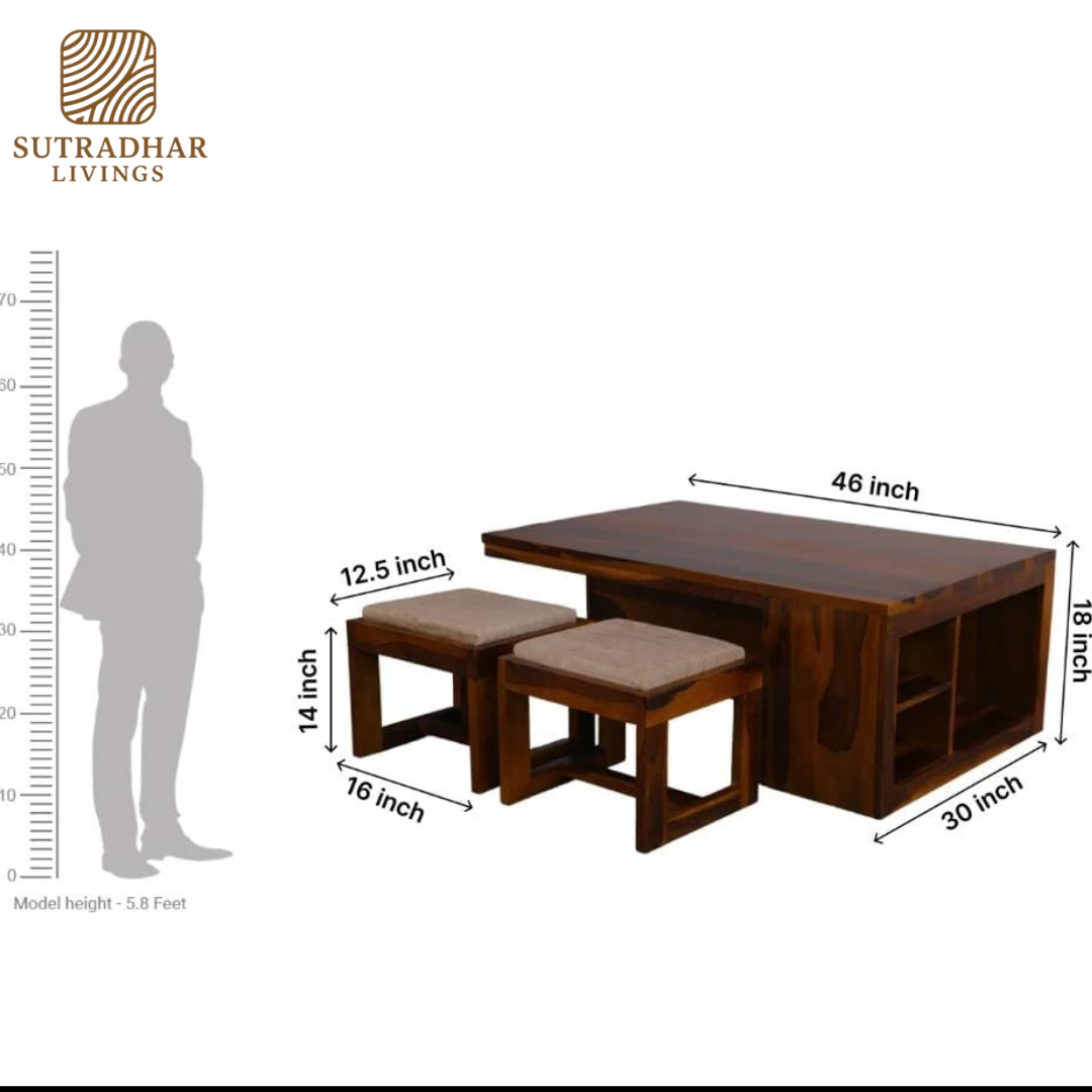 Solid Sheesham Wood Coffee Table Set with Nested Stools and Storage - Image 6