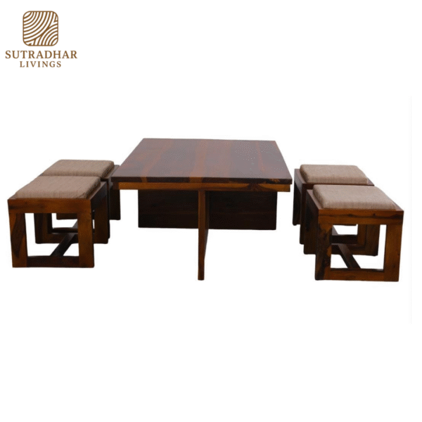 Solid Sheesham Wood Coffee Table Set with Nested Stools and Storage - Image 4