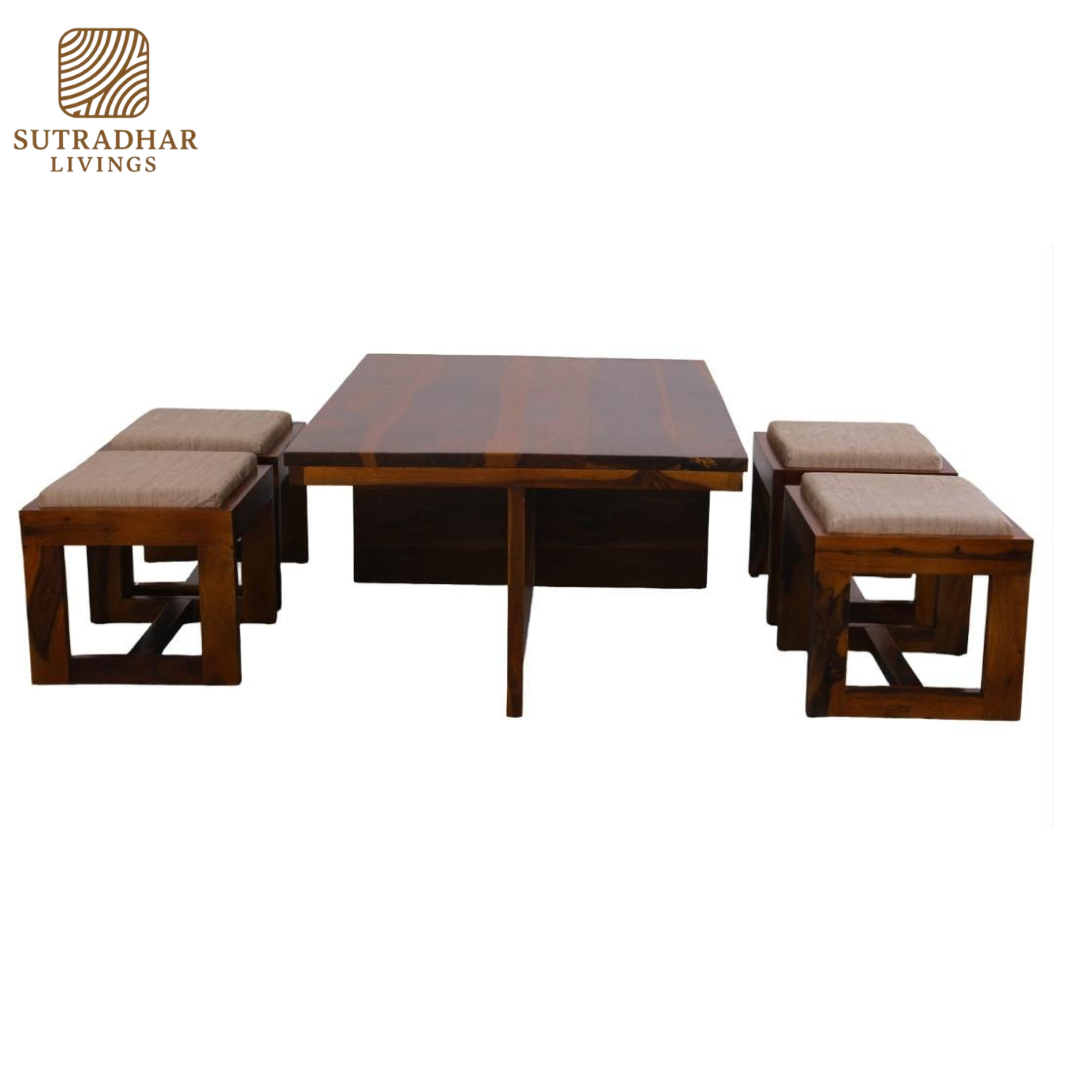 Solid Sheesham Wood Coffee Table Set with Nested Stools and Storage - Image 4