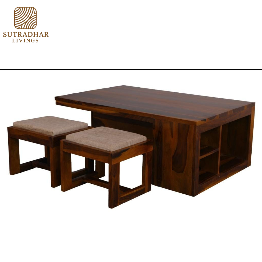 Solid Sheesham Wood Coffee Table Set with Nested Stools and Storage - Image 3