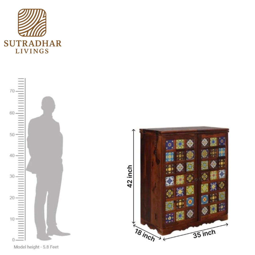 Solid Sheesham Wood Bar Cabinet with Fold-Out Doors, Wine Rack, and Glass Holders - Image 4