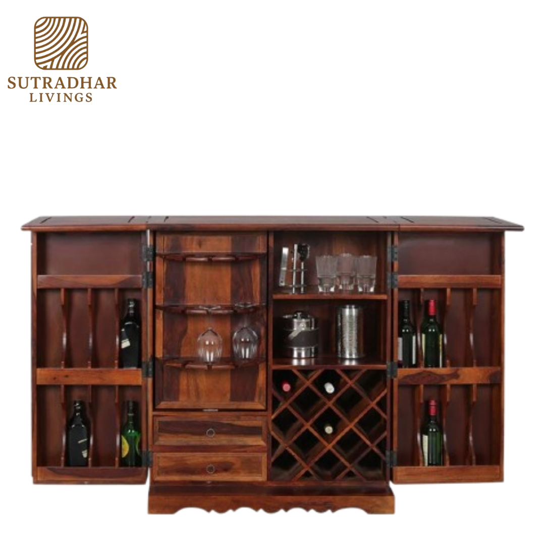 Solid Sheesham Wood Bar Cabinet with Fold-Out Doors, Wine Rack, and Glass Holders - Image 3