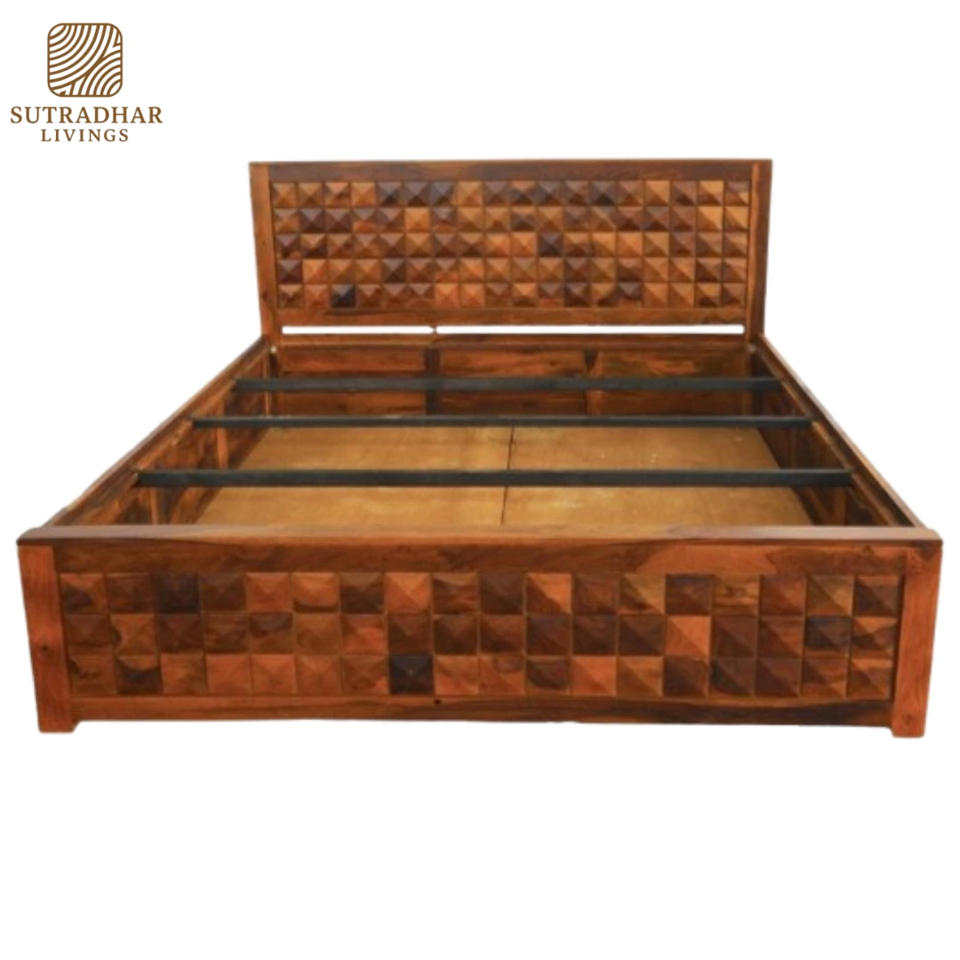 Solid Sheesham Wood Queen/King Bed with 3D Square Mosaic Headboard and Storage - Image 3