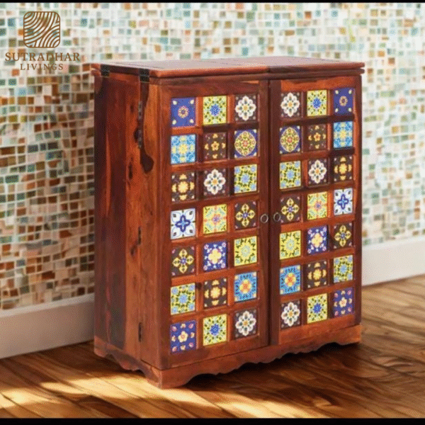 Solid Sheesham Wood Bar Cabinet with Fold-Out Doors, Wine Rack, and Glass Holders - Image 2