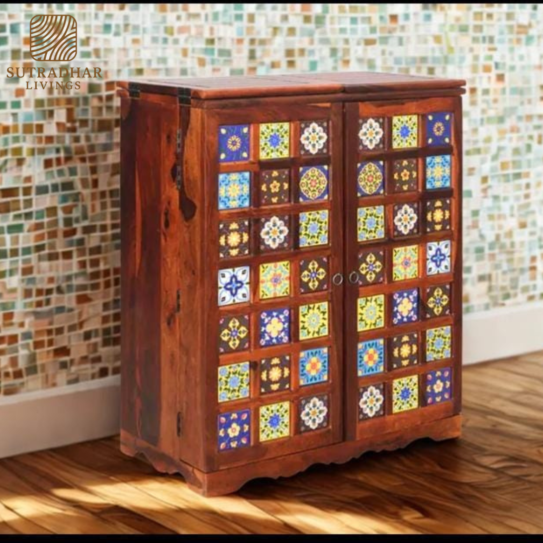 Solid Sheesham Wood Bar Cabinet with Fold-Out Doors, Wine Rack, and Glass Holders - Image 2