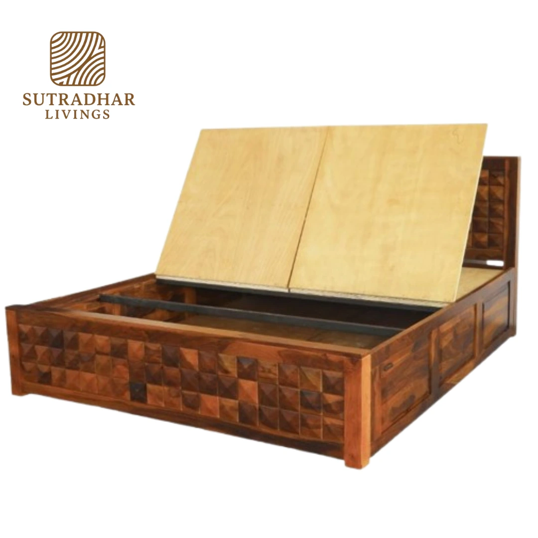 Solid Sheesham Wood Queen/King Bed with 3D Square Mosaic Headboard and Storage - Image 5