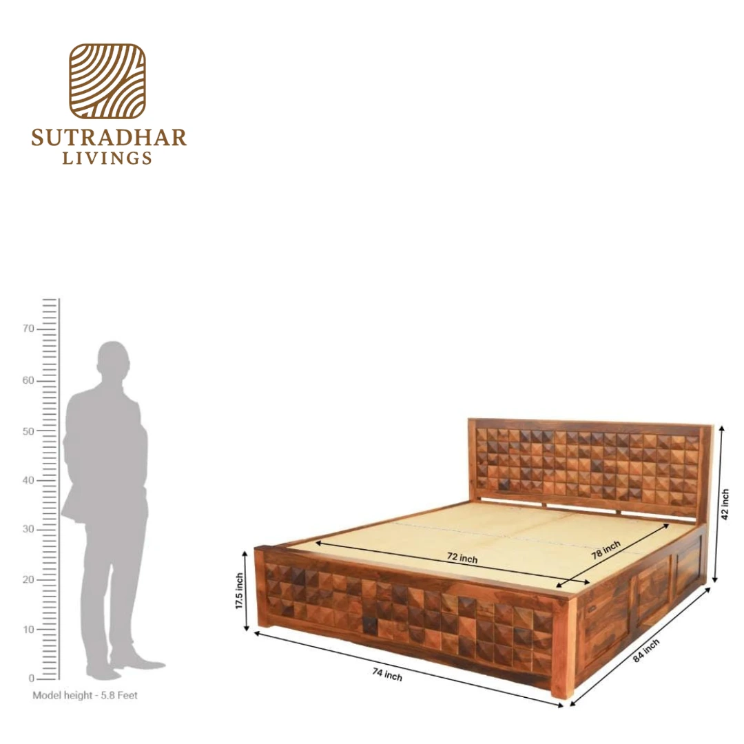 Solid Sheesham Wood Queen/King Bed with 3D Square Mosaic Headboard and Storage - Image 4