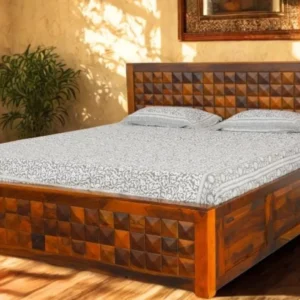 Solid Sheesham Wood Queen/King Bed with 3D Square Mosaic Headboard and Storage