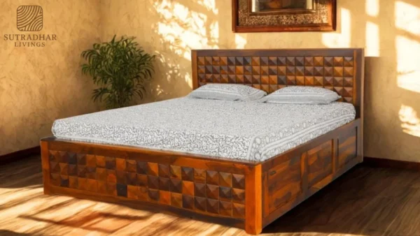 Solid Sheesham Wood Queen/King Bed with 3D Square Mosaic Headboard and Storage