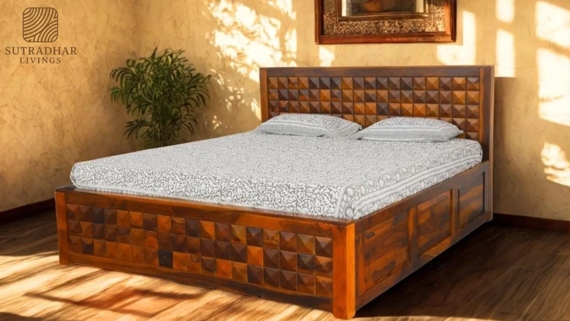 Solid Sheesham Wood Queen/King Bed with 3D Square Mosaic Headboard and Storage