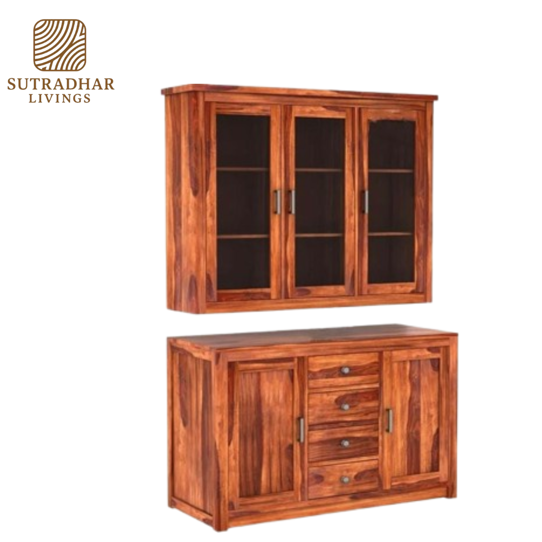 Solid Sheesham Wood Crockery Cabinet with Glass Doors and Storage Drawers - Image 4