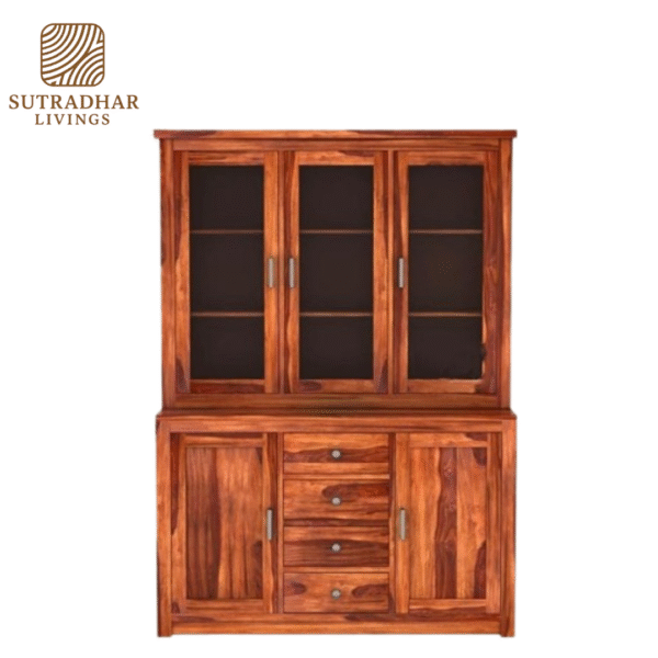 Solid Sheesham Wood Crockery Cabinet with Glass Doors and Storage Drawers - Image 3
