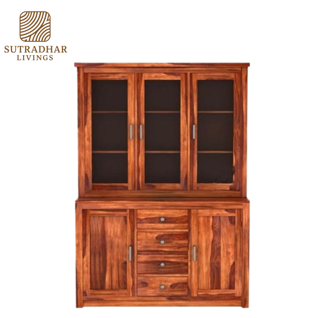 Solid Sheesham Wood Crockery Cabinet with Glass Doors and Storage Drawers - Image 3