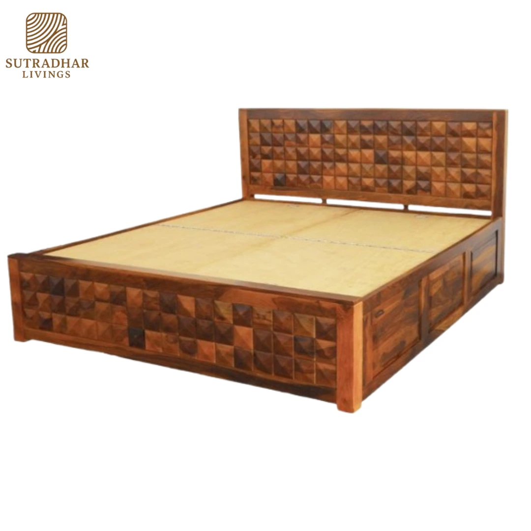 Solid Sheesham Wood Queen/King Bed with 3D Square Mosaic Headboard and Storage - Image 2
